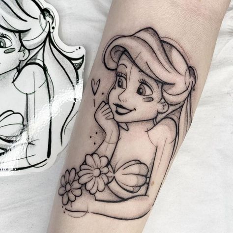 Ariel Tattoo, Disney Inspired Tattoos, Little Mermaid Tattoo, Disney Sleeve Tattoos, Mermaid Tattoo Designs, Pin Up Girl Tattoo, Tattoo Disney, Small Girly Tattoos, Disney Princess Tattoo