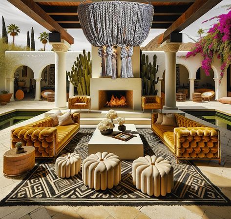 My @giLherrera twist of Mid-Century Modern Mexican Hacienda Outdoor Living area with a Tulum Touch of Our Braided ELi 2.0 Chandelier: Inspired by my hometown of Palm Springs/CoacheLLa Valley . At CoLores Decor Our team is constantly experimenting with textures & “WOW” styles for a UNIQUE statement design for any room…Introducing TOP 🇲🇽 MeXican Artisan Design & CATAPULTING our culture’s Talent through the vision of our founder, GiL Herrera @giLherrera ♥️ . We work with many Hotels, Restaurants... Modern Mexican Hacienda, Mid Century Modern Palm Springs, Palm Springs Hotel, Mexican Hacienda, Modern Mexican, Coachella Valley, Inspired Living, Artisan Design, Outdoor Living Areas