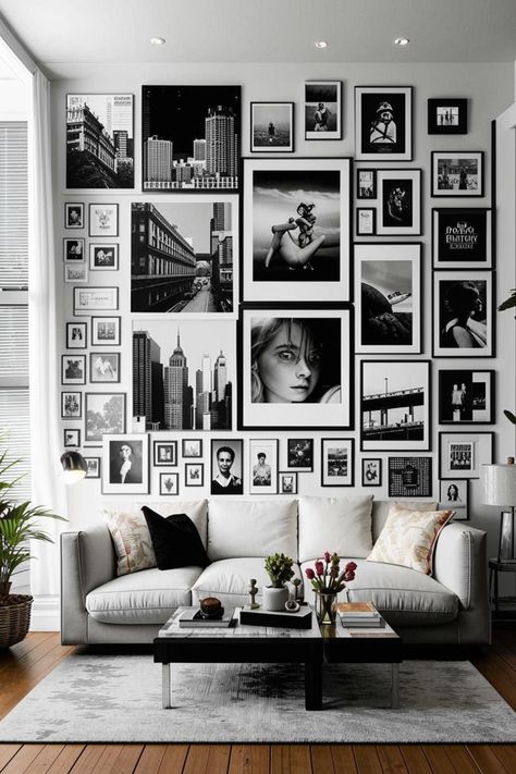 Elevate your living room with a dramatic black and white photo collage. Discover inspiring ideas to create a statement wall using contrasting prints, frames, and layouts. From classic to modern, find the perfect blend of style and personality. Black And White Photo Wall Bedroom, Room Photo Collage, Black And White Photo Collage, White Photo Wall, White Photo Collage, Photo Collage Ideas, Nyc Apartment Decorating, Photo Walls Bedroom, Black And White Living Room Decor