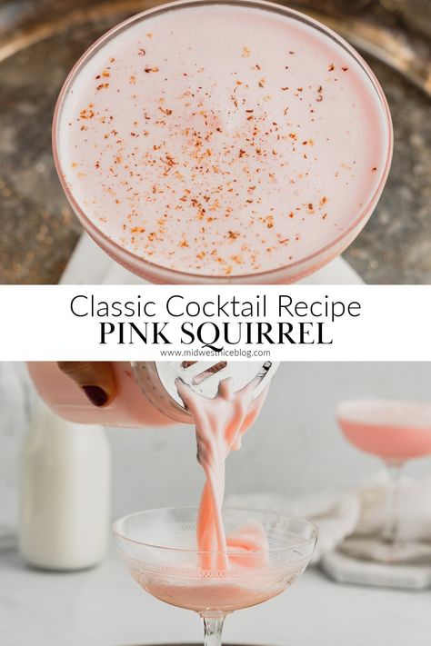 The Pink Squirrel is a pretty pink retro cocktail that is sweet and creamy that tastes like almond and cocoa. Served chilled and garnished with a sprinkle of freshly grated nutmeg it’s been a staple in the Midwest for decades! Fun Girly Cocktails, Pink Squirrel Cocktail, Almond Milk Cocktail, Cocktails That Go With Pasta, Cute Pink Cocktails, Valentine S Day Cocktails, Pink Christmas Cocktail, Rose Drinks Cocktails, Screwball Cocktails