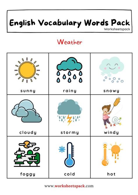 Free printable kindergarten vocabulary words with pictures. Kindergarten Vocabulary Activities, Kindergarten Vocabulary Words, Weather Elementary, Kindergarten Weather, Learn English Kid, English Language Learning Activities, Weather For Kids, Kindergarten Vocabulary, Teaching Worksheets