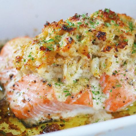 Crab Stuffed Salmon Crab Stuffed Snapper, Crab Rangoon Stuffed Salmon, Baked Salmon With Crab Topping, Crab Topped Fish Recipes, Copycat Fish Recipes, Healthy Stuffed Salmon, Stuffed Halibut Recipes, Crab Salmon Recipes, Crab Imperial Stuffed Salmon