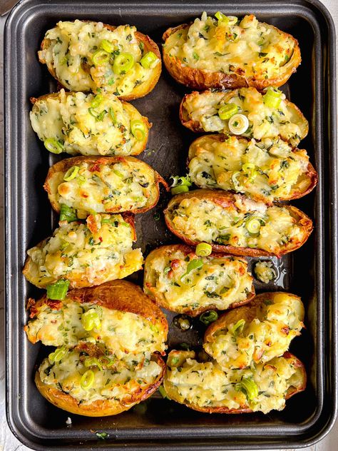 Vegan Double-Baked Potatoes - Lucy & Lentils Double Baked Potatoes, Stuffed Potato Skins, Stuffed Potato, Stuffed Potatoes, Vegan Potato, Vegan Sides, Twice Baked Potatoes, Vegan Comfort Food, Potato Skins