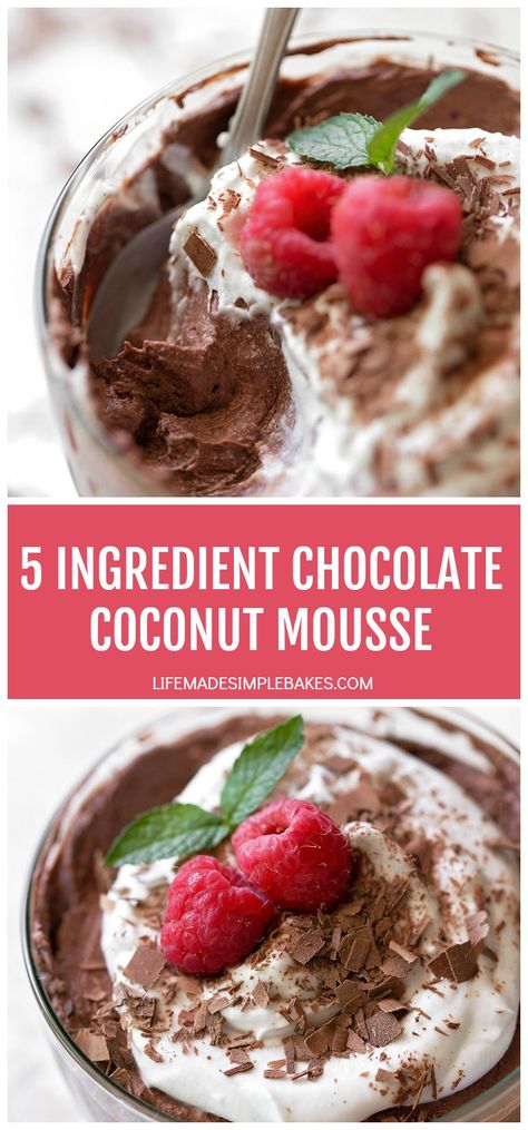 A rich and decadent dessert that is perfect for summer! This totally effortless 5 ingredient chocolate coconut mousse is dairy-free, gluten-free, low carb and no-bake. #chocolatecoconutmousse #5ingredientchocolatecoconutmousse #5ingredientmousse #chocolatemousse Coconut Cream Chocolate Mousse, Breakfast Ideas Simple, Coconut Milk Chocolate, Coconut Mousse, Coconut Hot Chocolate, Life Made Simple, Coconut Baking, Healthy Valentines, Bars Chocolate