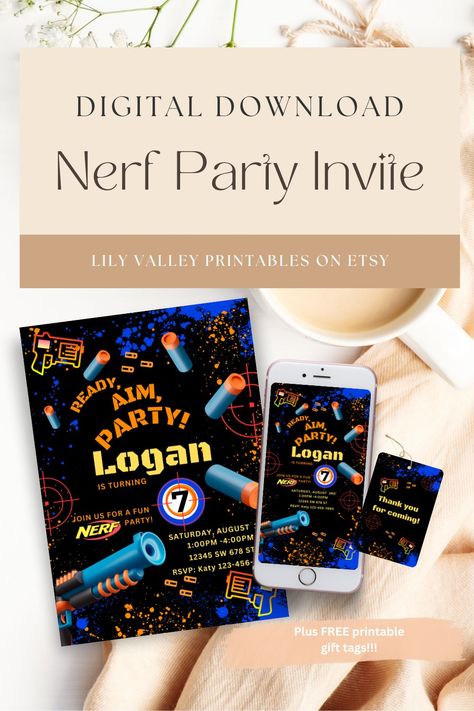 Nerf Birthday Invitations, Nerf Party Invitations, Water Birthday Parties, Water Birthday, Nerf Party, Free Printable Gift Tags, Printable Gift Tags, Free Gift Tags, Birthday Party Invite