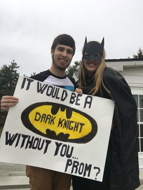 Batman promposal! Batman Promposal, Sadie Proposals Ideas, Homecoming Dance Proposal, Promposal Ideas For Him, Dance Poster Ideas, Dance Proposal Ideas, Prom Asking, Hoco Proposal Ideas, Sadies Proposal