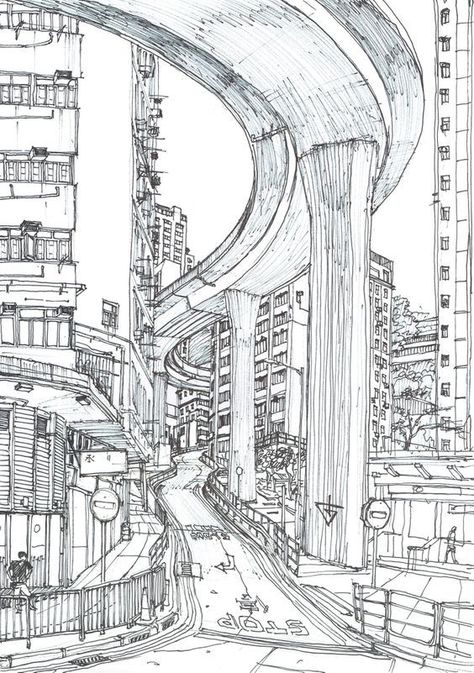 Cityscape Drawing, Environment Sketch, Art Lineart, Hong Kong Art, Perspective Sketch, Andermatt, Perspective Drawing Architecture, City Sketch, Architectural Sketches