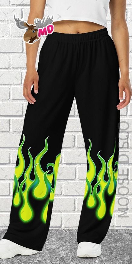 Striking Fire Flame Pants, Flame Leggings, Flame Trousers, Hippie Boho Festival Flames Wide-Leg Pants Glow Costume, Flame Pants, Hot Rod Flames, Green Flames, Flames Design, Printed Denim Pants, Boho Yellow, Painted Shorts, Painted Clothes Diy