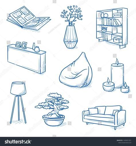 Set of furniture shop and decoration objects as lamp, sideboard, sofa, bean bag, bonsai, photo album and book  #Ad , #affiliate, #bean#sofa#sideboard#photo Bean Bag Drawing Reference, Furniture Drawing Reference, Furniture Line Drawing, How To Draw Furniture, Bean Bag Illustration, Drawing Furniture Interior Design, Bean Bag Drawing, Shelf Sketch, Clutter Drawing