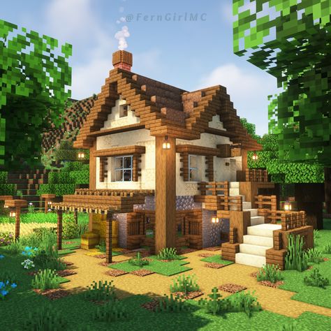 How to build a cozy farmhouse with interior, watch it on Youtube @ferngirlmc :) Farmhouse Minecraft, Minecraft Farm House, Minecraft Barn, Minecraft Starter House, Modern Minecraft Houses, Rumah Minecraft Sederhana, Minecraft Houses Blueprints, Minecraft Structures, Bangunan Minecraft