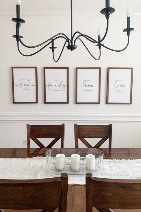 Dining Room Accent Pieces, Dining Room Decor For Walls, Bare Dining Room Wall Ideas, Dining Room Picture Wall Ideas Modern, Kitchen Dining Room Wall Art, Farmhouse Feature Wall Dining Room, Farmhouse Dining Room Signs, Long Wall Decorating Ideas Kitchen, Dining Room Wall Art Ideas Farmhouse