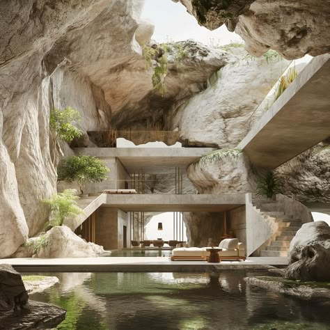 cave dwelling x luxury ✨🖤 - Carved into a forgotten island, this multi-level sanctuary blends modern luxury with ancient tradition. Natural light graces a cave pool, whispering tales of nature and designs’ coexistence 🧚‍♂️ - #cavedweller #islandliving🌴 #architecturaldetails #architecturaldesigns #organicarchitecture #contemporarystyle #contemporarydecor #ancientarchitecture #naturallighting #midjourneyarchitecture #luxuryarchitecture #interiordesigncommunity #architecturephotography #biophili... Houses That Blend In With Nature, Modern Cave House, Cave Architecture, Museum Of Emotions, Cave Dwelling, Island Architecture, Biophilic Architecture, Cave Pool, Luxury Island