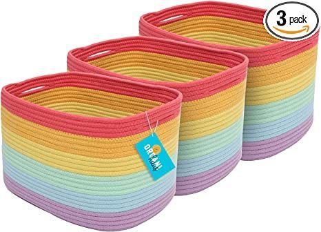 3 pack of storage bins, perfect for baby room Pink Storage Bins, Baby Storage Baskets, Basket For Toys, Rope Rainbow, Nursery Storage Baskets, Storage Baskets For Shelves, Classroom Must Haves, Towel Basket, Clean Hacks