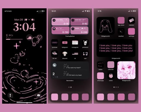 Pink And White Iphone Layout, Home Screen Layout Iphone Pink And Black, Black And Pink Ios Layout, Ios 16 Home Screen Ideas Pink And Black, Phone Theme Inspiration, Pink And Black Iphone Layout, Pink Themed Phone Layout, Homescreen Ideas Pink And Black, Black And Pink Ios 16 Homescreen