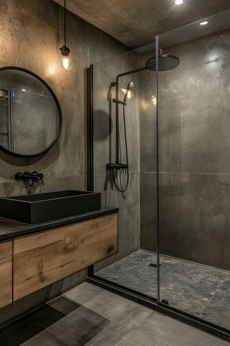 Explore this sleek industrial-style bathroom that redefines modern bathroom ideas. Features include matte black fixtures, rugged concrete textures, and warm wooden accents for a perfect blend of functionality and style. #ModernBathroomIdeas #HomeDesign #BathroomDecor Black Detail Bathroom, Small Male Bathroom Ideas, Modern Bathroom Design Black And Wood, Wooden Style Bathroom, Soft Industrial Bathroom, Bathroom Ideas Aesthetic Minimalist, Black Finish Bathroom, Concrete Marble Bathroom, Farmhouse Industrial Bathroom Ideas