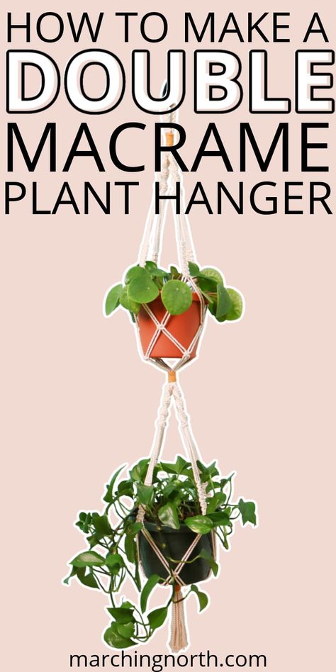 a double macrame plant hanger with 2 plants inside against a pink background Macrame Plant Hanger Easy, Plant Hanger Tutorials, Double Macrame Plant Hanger, Diy Macrame Plant Hanger Easy, Diy Macrame Plant Hanger Pattern, Diy Macrame Plant Hanger Tutorials, Macrame Plant Hanger Pattern, Como Plantar Pitaya, Plant Hanger Pattern