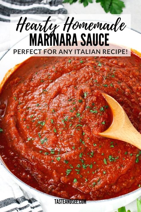 This Hearty Homemade Marinara Sauce is perfect for all your favorite Italian dishes! Serve it over pasta and meatballs, layer it into your favorite lasagna stuffed peppers, or alongside some yummy baked chicken strips or Parmesan Crusted Chicken. This marinara sauce recipe only requires a handful of ingredients and a 20-minute simmer on the stovetop! Pasta And Meatballs, Lasagna Stuffed Peppers, Baked Chicken Strips, Homemade Marinara Sauce, Marinara Recipe, Marinara Sauce Recipe, Italian Night, Garlic Breadsticks, Marinara Sauce Homemade