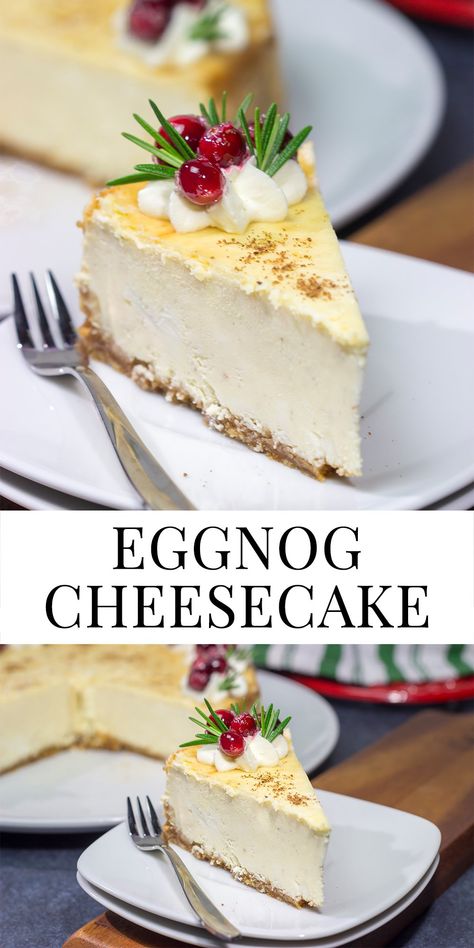 Eggnog Cheesecake | Topped with eggnog whipped cream cranberries! No Bake Egg Nog Cheesecake, Thanksgiving Cake Recipes, Eggnog Whipped Cream, Eggnog Cheesecake Recipe, Angel Food Cake Desserts, Eggnog Cheesecake, Eggnog Recipes, Christmas Holiday Recipes, Thanksgiving Cakes