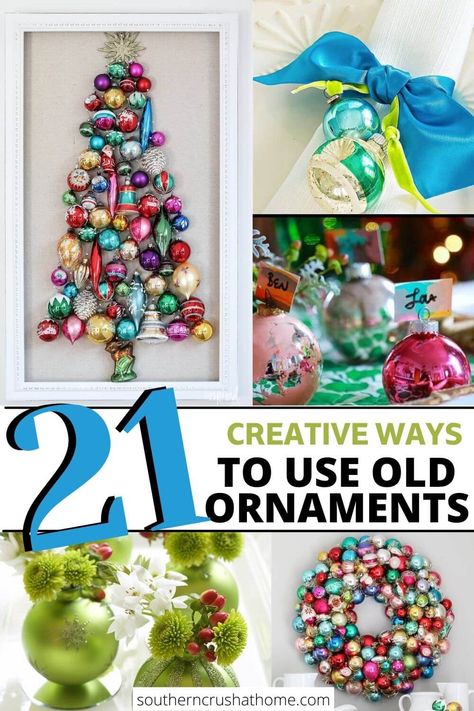 ornament tree, ornament wreath, ornament table place holders, ornament vases Repurposed Christmas Balls, Recycle Old Ornaments, What To Do With Extra Ornaments, Christmas Bulbs Ornaments Diy, Recycled Christmas Ornaments, Christmas Balls Diy, Christmas Ball Ornaments Diy, Vintage Christmas Balls, Old Ornaments