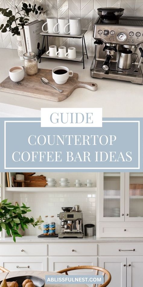 Looking for inspiration for your kitchen countertop? Countertop coffee bar ideas are a great way to add a touch of warmth and personality to your space. Whether you prefer a minimalist design or a more eclectic look, these ideas will inspire you to create your perfect coffee corner. #diycoffee #homebar #coffeeaesthetic Coffee Nook Kitchen Counter, Small Kitchen Counter Coffee Station, Coffee Bar Ideas For Counter Top, Corner Countertop Coffee Bar Ideas, White Coffee Bar Ideas, Diy Coffee Station Countertops, Coffee Corner Minimalist, Coffee Corner Inspiration, Coffee And Breakfast Bar