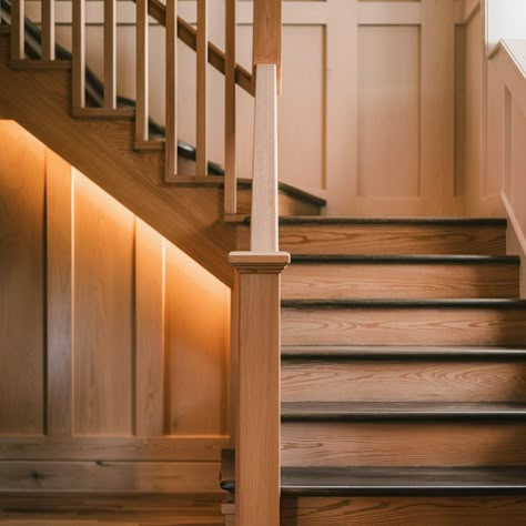 22 Home Stairs Simple Ideas to Transform Your Space Wood Newel Posts, Cabin Staircase To Loft, Pine Stairs Ideas, L Shape Stairs Design, Bead Board Stairs, Small House Stairs Ideas, Craftsman Staircase Ideas, Farmhouse Staircase Ideas, Basement Railings For Stairs