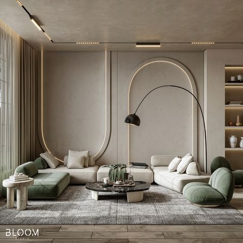 Living Room Design Modern Arches Interior, Living Room Designs Green, Modern Light Living Room, Minimalist Living Room Inspiration, Walls Design Ideas, Modern Wall Design, Modern Art Deco Interior, Lighting Interior Design, Apartment Designs