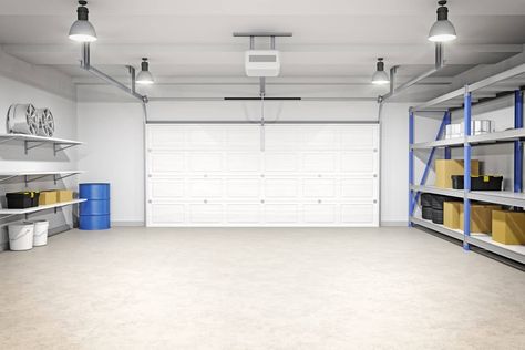 Most Common Types of Interior Garage Lighting Rinnovo Garage, Rifacimento Garage, Leftover Paint Storage, Garage Lighting Ideas, Garage Flooring Options, Detached Garage Designs, Remodel Garage, Garage Designs, Garage Lights