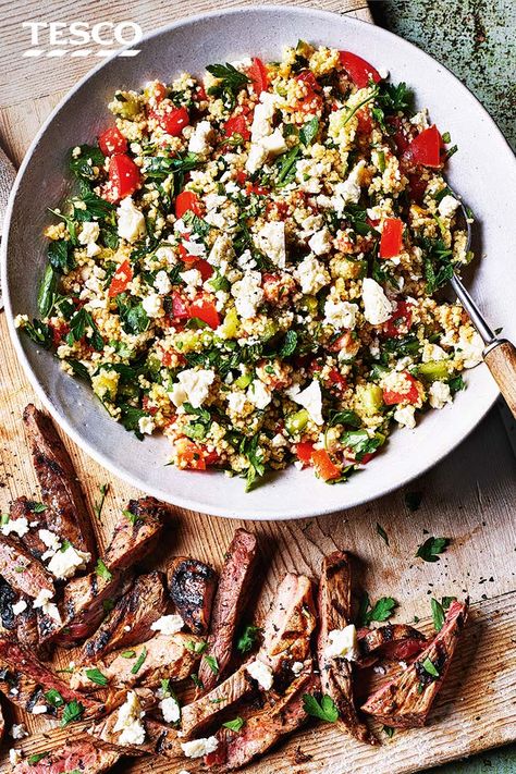 Dinner for two has never been easier with this minted lamb and couscous salad – on the table in just 15 minutes. Quickly sear minted lamb steaks and serve with a colourful couscous salad for easy summer cooking. | Tesco Lamb And Couscous, Salad To Go With Lamb, Lamb And Couscous Recipes, Lamb Salad Recipe, Lamb Couscous Recipes, Couscous Pearl, Lamb Couscous, Tesco Recipes, Lamb Steak Recipes