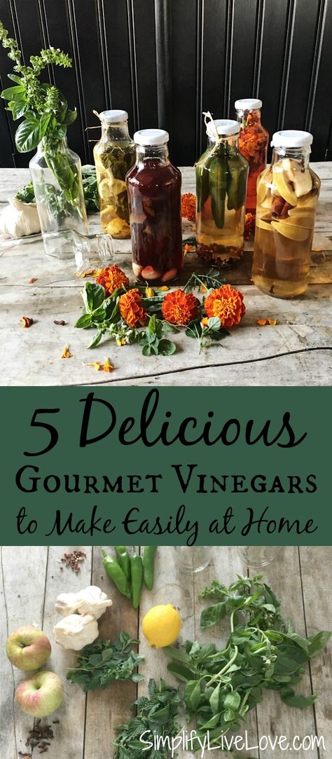 Herbal Vinegar, Homemade Gourmet, Flavored Vinegars, Infused Vinegars, Fermentation Recipes, Vinegar Uses, Homemade Oil, Flavored Oils, Edible Gifts