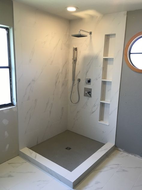 Porcelain Bathroom Ideas, Porcelain Tile Floor Bathroom, Hexagon Shower Floor, Gray Porcelain Tile Floor, Tile Floor Bathroom Ideas, Large Tile Bathroom, Floor Bathroom Ideas, Tile Floor Bathroom, Master Shower Tile