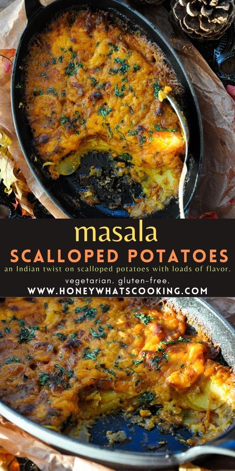 Masala Scalloped Potatoes Thanksgiving Foods, Whats Cooking, Scalloped Potato Recipes, Scalloped Potatoes, Free Living, Cooking Prep, Potato Dishes, Potato Casserole, Indian Cooking