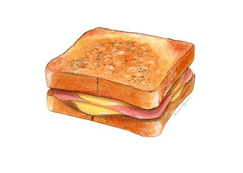 "Bikini" - ham and cheese sandwich by Miriam Figueras.  http://www.miriamfigueras.com/#/food-illustration/ Sandwich Drawing, Food Art Painting, Food Sketch, Food Artwork, Watercolor Food, Food Illustration Art, Food Drawings, Cute Food Drawings, Cute Food Art