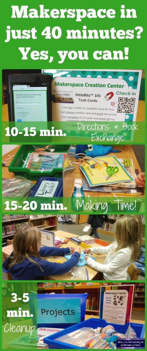 Don't let a fixed library schedule or limited class time stop you! You *can* implement makerspace centers in 40 minute library classes | Mrs. J in the Library / A Wrinkle in Tech #MrsJintheLibrary School Library Makerspace Ideas, Makerspace Elementary Library, Makerspace Elementary, Makerspace Activities, Library Centers, Makerspace Projects, Elementary Librarian, Makerspace Library, Makerspace Ideas