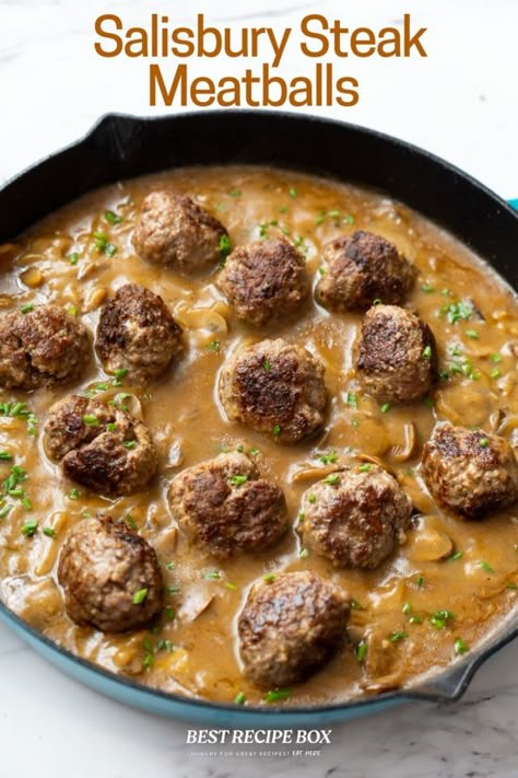 Meatballs And Potatoes, Meatballs With Mushroom Gravy, Salisbury Steak Crockpot, Easy Salisbury Steak, Steak Burger, Salisbury Steak Meatballs, Meatballs And Gravy, Salisbury Steak Recipes, Meatball Recipes Easy