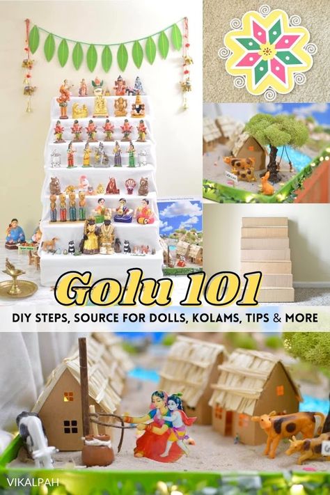 DIY cardboard steps for mini golu, golu dolld sources for mini dolls, kolams for carpet, tips and more Golu Decoration Ideas Diy, Golu Decoration Ideas Theme, Bommala Koluvu Ideas Diy, Navratri Golu Decoration Ideas, Simple Golu Ideas, Golu Decoration Ideas, Golu Steps Decoration, Golu Theme Ideas, Navaratri Golu Decoration Ideas