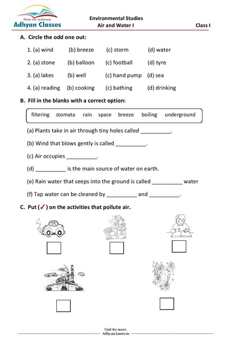 Air and Water worksheet for grade I Worksheet On Air For Grade 2, Air Worksheets For Grade 1, Water Worksheet For Grade 1, Evs Worksheet For Class 1 Air, Uses Of Water Worksheet For Kids, Fun Science Worksheets, Water Worksheet, Evs Worksheet, Worksheet For Class 2