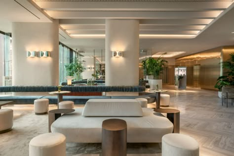 Zebulon Perron designs "sensual" areas at Montreal's Four Seasons hotel Curved Banquette, Brown Leather Chairs, Herringbone Wood Floor, Terrazzo Floors, Hotel Lounge, Lobby Lounge, Airport Lounge, Lobby Design, Bar And Restaurant