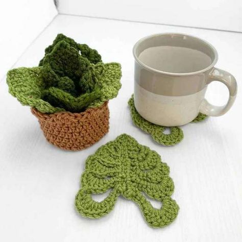 Monstera Stacking Coasters Crochet Pattern – Crochet Coaster Set Crochet, Leaf Coaster, Crochet Cup Coaster, Flowers In A Pot, Coaster Projects, Crochet Succulent, Coasters Crochet, Crochet Market, Coaster Pattern