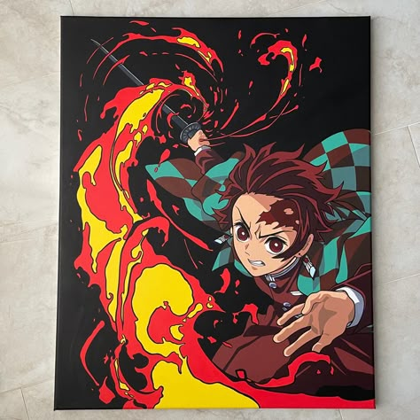 Anime Canvas Painting Demon Slayer, Demon Slayer Pop Art, Demon Slayer Tanjiro Painting, Demon Slayer Illustration Art, Colour Pencil Anime Drawing, Anime Painting Demon Slayer, Tanjiro Canvas Painting, Acrylic Painting Ideas Anime, Anime Canvas Painting Easy Demon Slayer