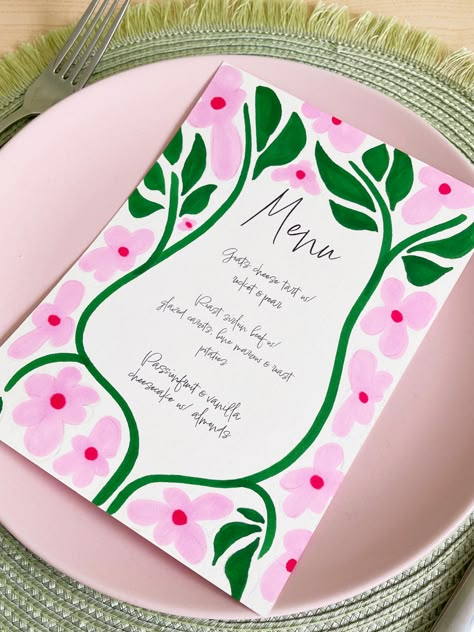 Pink, green and red hand drawn menu. Perfect for your Spring tablescape styling. Check out my Spring Hosting board on Pinterest for more illustration inspo. Flower Menu Design, Green And Pink Tablescape, Spring Menu Design, Spring Hosting, Menu And Name Card, Spring Menu Ideas, Dinner Menu Wedding, Summer Wedding Menu, Menu And Place Card