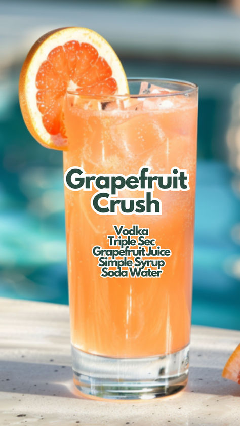 Grapefruit Crush Grapefruit Crush, Easy Vodka Cocktail, Grapefruit Cocktail Recipes, Triple Sec Cocktails, Crown Royal Drinks, Poolside Cocktails, Cocktail Cards, Vodka Cocktails Easy, Grapefruit Vodka