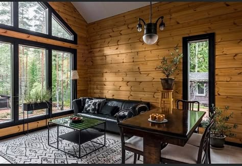 Wood Walls With Black Trim, Log Cabin With Black Windows, Knotty Pine Walls With Dark Trim, Pine Home Interior, Knotty Pine Walls With Black Trim, Black And Cedar Interior, Knotty Pine Walls Living Room, Pine Interior Walls, Cabin Walls Interior