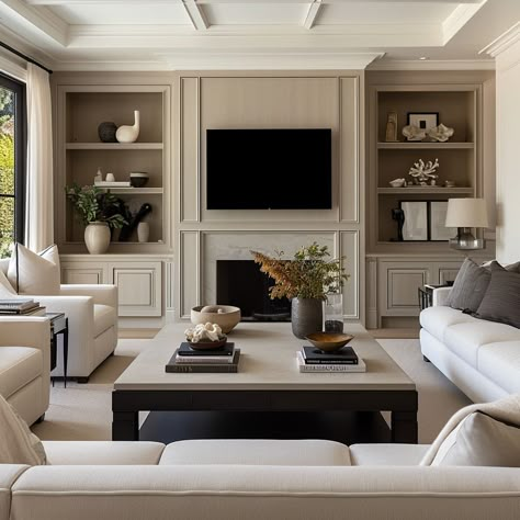 Living Room Salon Ideas, Boutique Hotel Living Room, Tv Wall Luxury Design, Media Centre Living Room, Classic Modern Home Decor, Stonebrook Home, Classic Home Design Living Room, Modern Classic Decor, Living Room Tv Designs