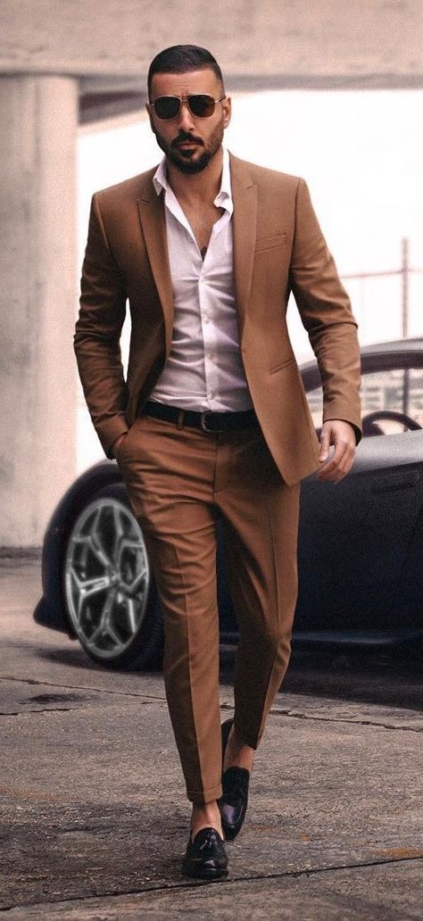 Brown Suits For Men, Men Attire, Mens Casual Suits, A Man In A Suit, Stylish Mens Suits, Blazer Outfits Men, Man In A Suit, Tan Wedding, Slim Fit Suit Men