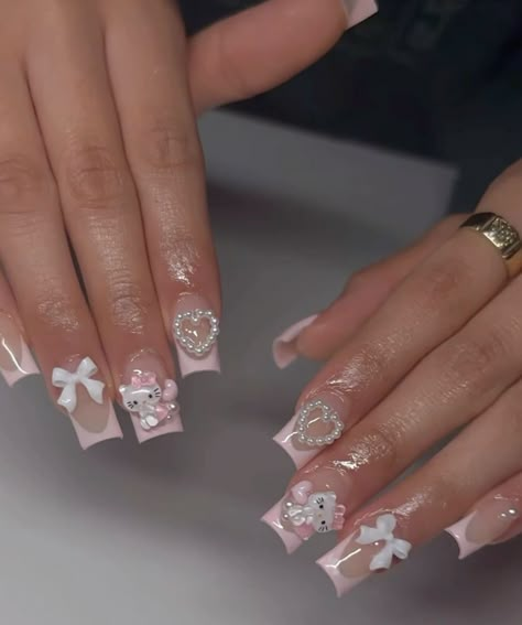 There's a new beauty trend taking over Instagram and it's absolutely stunning. Say hello to "quartz nails". Cute Nail Designs Hello Kitty, Nail Inspo For 10 Yo, Hello Kitty Nails Medium Square, Hello Kitty Nail Charm Nails, Nail Options At Salon, Nail Ideas Acrylic Charms, Simple Nail Designs With Charms, Light Pink Hello Kitty Nails, Pink Nails W Charms