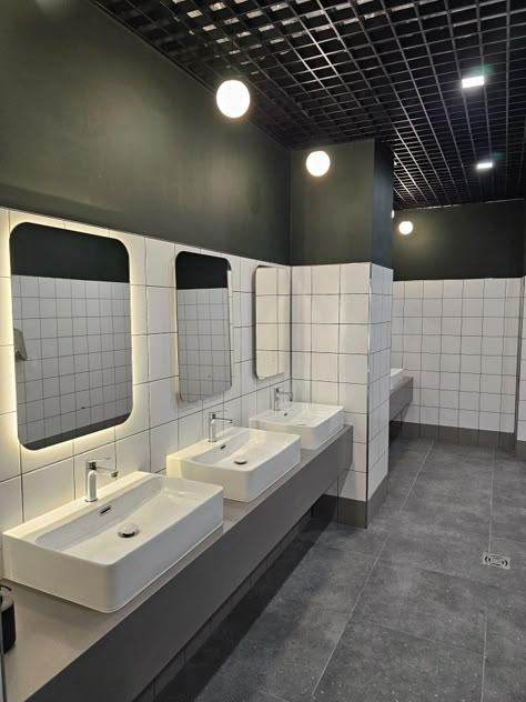 Small Office Bathroom Design, Communal Bathroom College, Industrial Public Restroom Design, Public Toilet Design Outdoor, Public Bathroom Aesthetic, Public Washroom Design, Public Wc Design, Public Bathroom Ideas, Corporate Bathroom