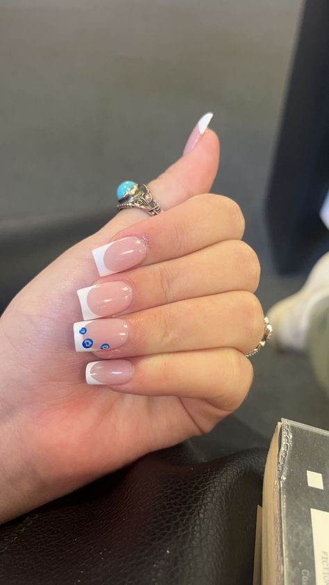 Greece French Nails, White Square French Tip Nails With Design, Blue French Tip Evil Eye Nails, Short Square Acrylic Nails Evil Eye, Cute Nails Holiday, Nails Evil Eye French Tip, Simple French Tip With Design, Sqaure French Tip Nails, White And Blue Nail Inspo Acrylic