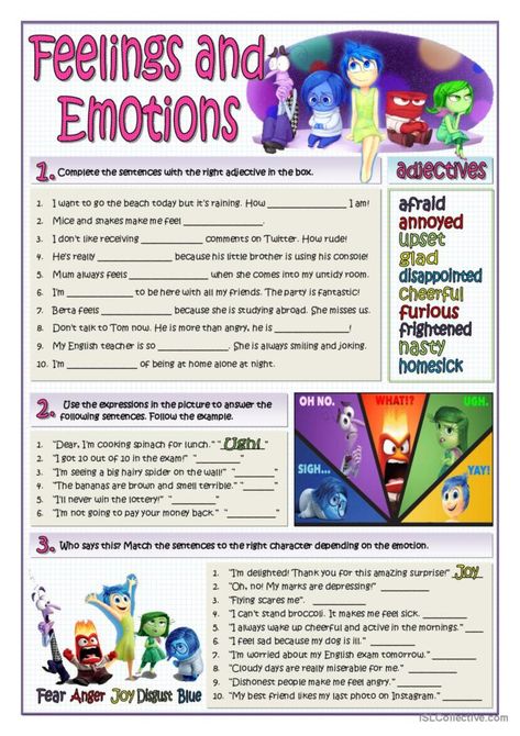 Some practice for A1 students on adjectives related to feelings and emotions. It can be used after seeing the movie "Inside Out". Key provided. Here you are other similar worksheets: Inside Out 2 Activities For Kids, Inside Out Movie Activities, Emotions Inside Out, Feelings Adjectives, Inside Out Worksheets, Feeling Vocabulary, Emotions Vocabulary, Inside Out Emotions, English Play