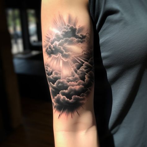 Star With Clouds Tattoo, Lion In Clouds Tattoo, Realistic Storm Tattoo, Heavenly Clouds Tattoo, Cloud Sleeve Tattoos For Women, Cloud With Birds Tattoo, Sunshine Clouds Tattoo, Storm Rainbow Tattoo, Cloud Tattoo Realism