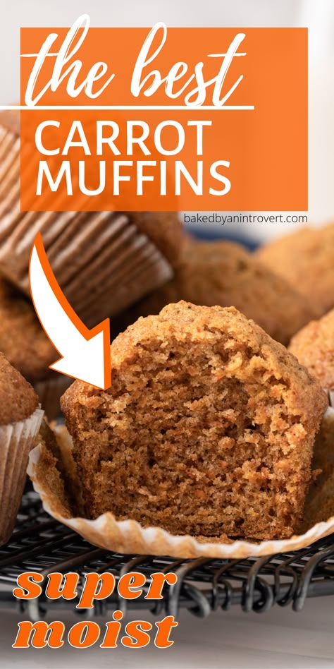 These carrot muffins are loaded with bits of carrots and cozy spices. They are super moist and perfect for breakfast or an afternoon snack. Moist Carrot Muffins Recipe, Spiced Carrot Muffins, Carrot Baked Goods, Carrot Muffin Recipes Moist, Carrot Puree Muffins, Simple Carrot Muffins, Buttermilk Carrot Muffins, Carrot Nut Muffins, Jumbo Carrot Muffins